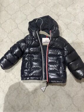 Moncler Kids Glossy Navy Hooded Puffer Jacket